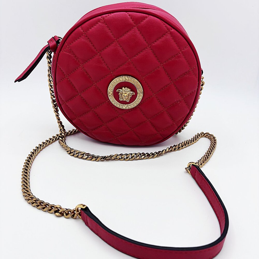 Versace La Medusa Red Round Quilted Lambskin Leather Camera Women's Bag